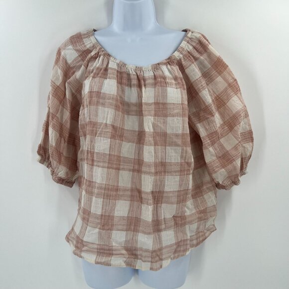 Universal Thread L Plaid Peasant Top Cotton Gauze Off Shoulder Boho - Picture 1 of 9